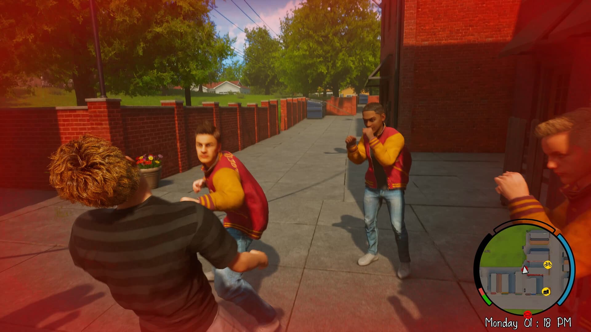 Official Agefield High: Rock the School screenshot showing Sam surrounded by three students in a fight