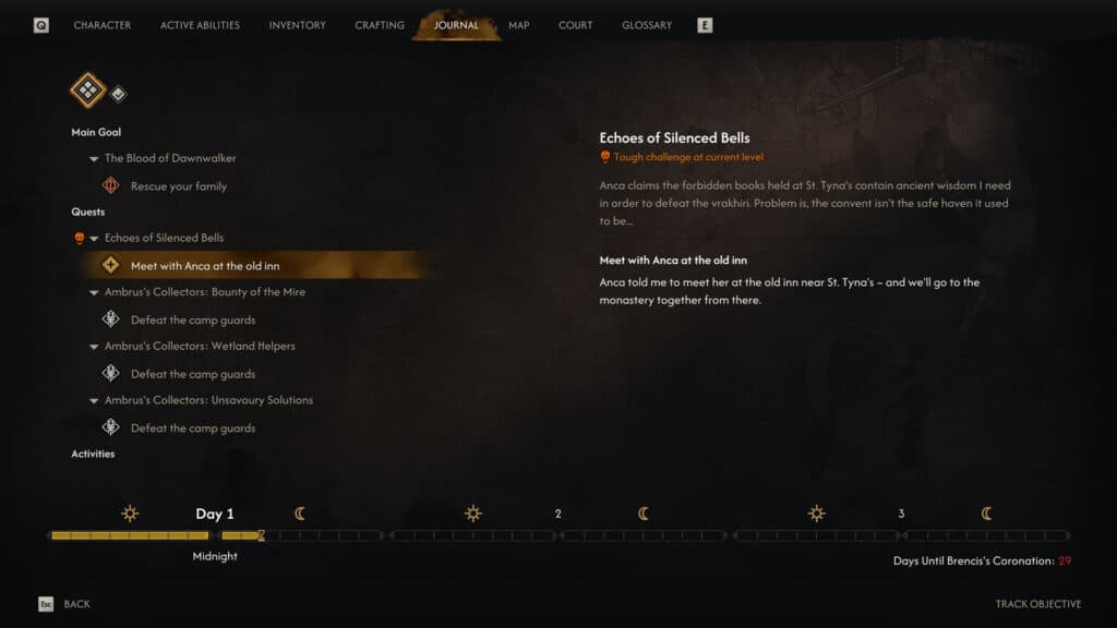 Diario de misiones de The Blood of Dawnwalker con la línea temporal y 29 días restantes