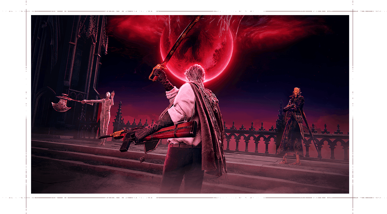 Three Bloodsworn face one another beneath a large red moon in the official The Duskbloods network test screenshot