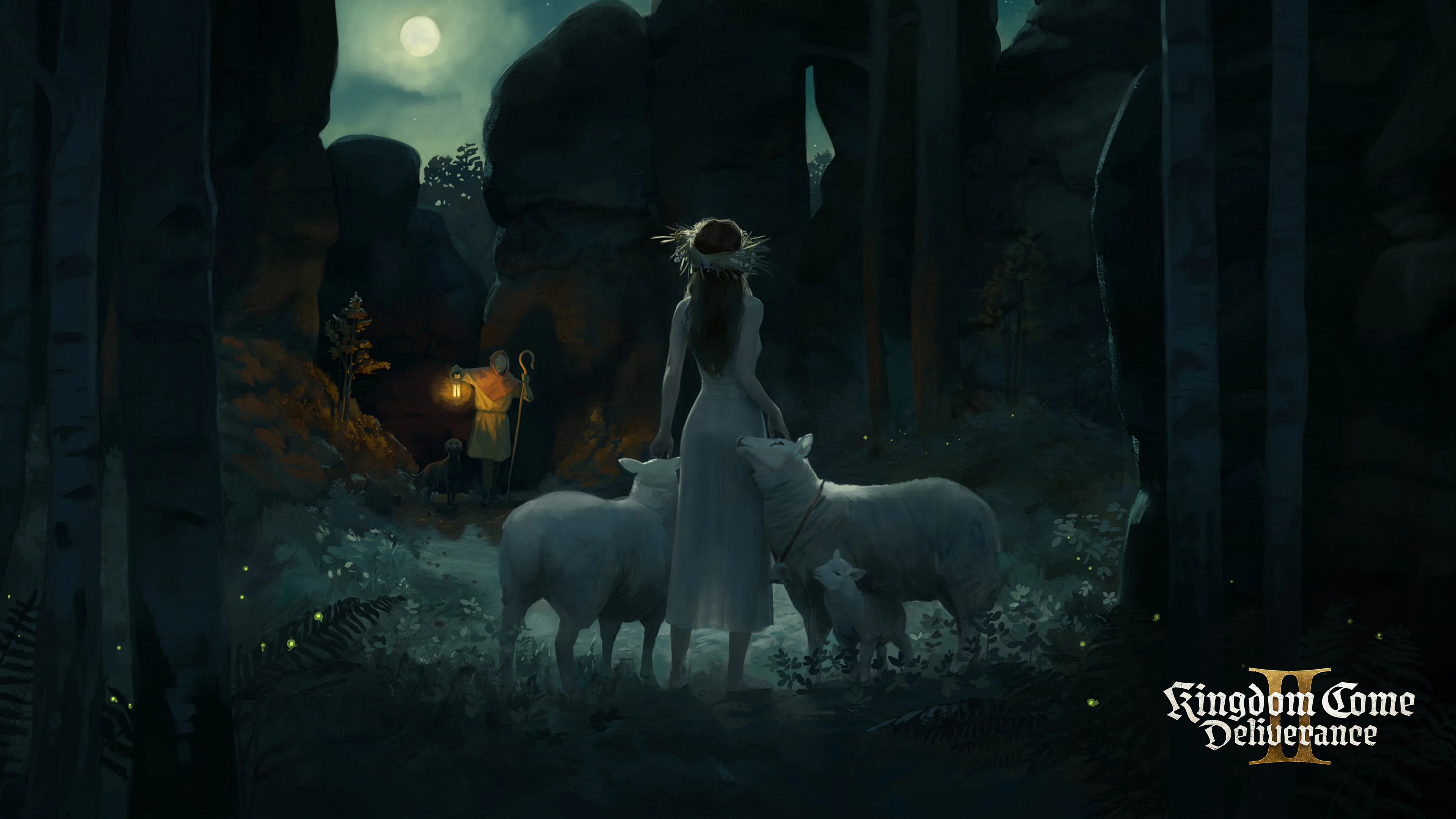 A shepherd and his flock cross a moonlit forest in official Kingdom Come Deliverance II artwork