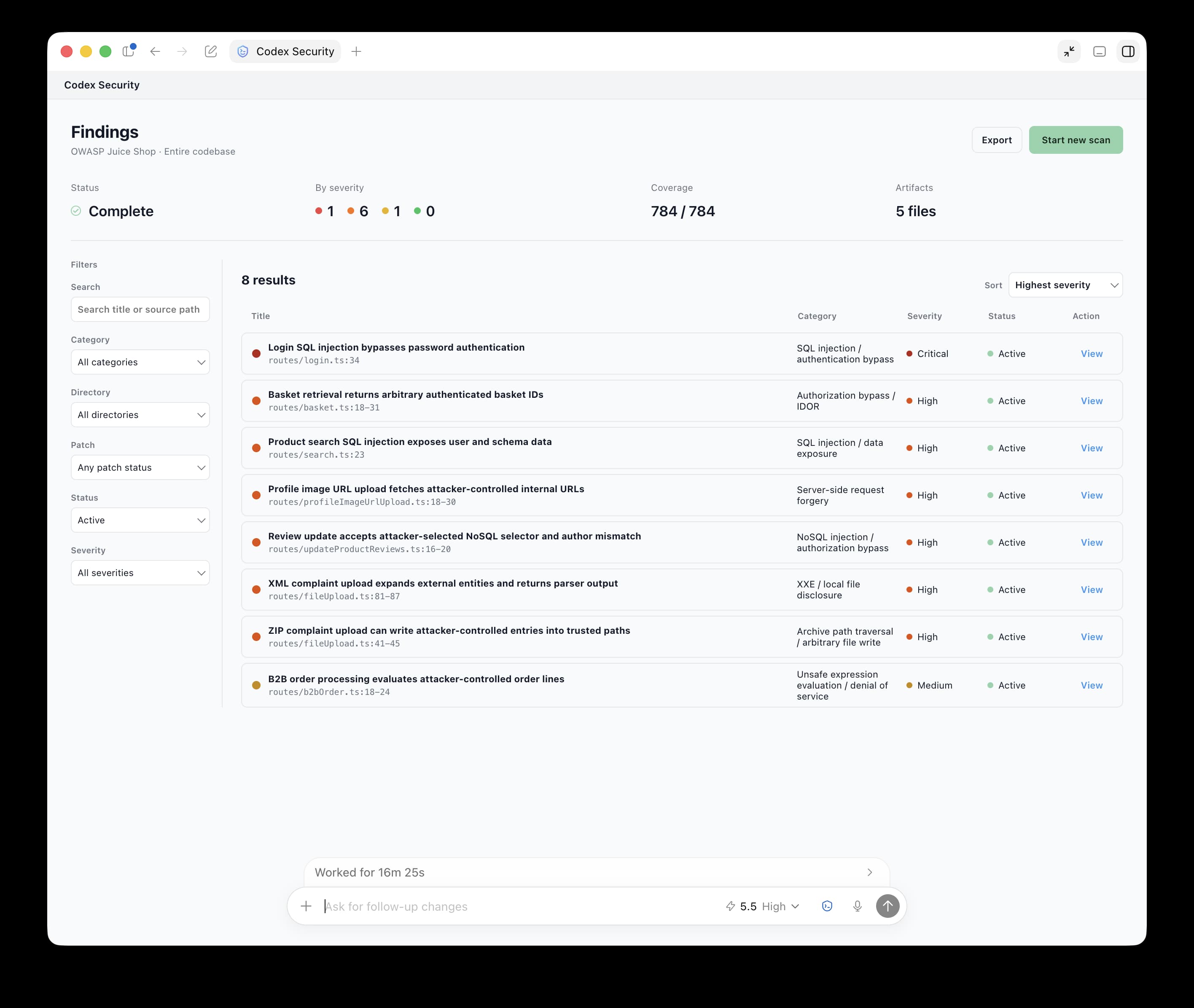 Official Codex Security dashboard showing eight vulnerabilities found in OWASP Juice Shop