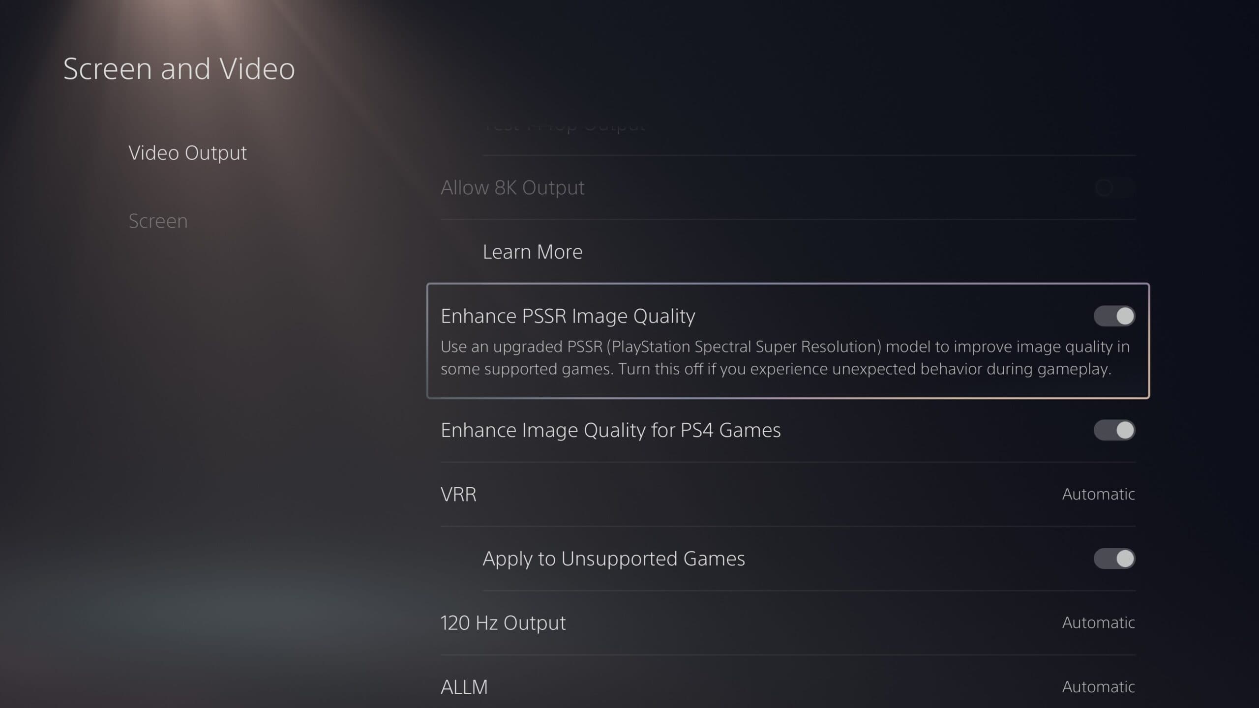 PS5 Pro system setting used to enable upgraded PSSR image quality