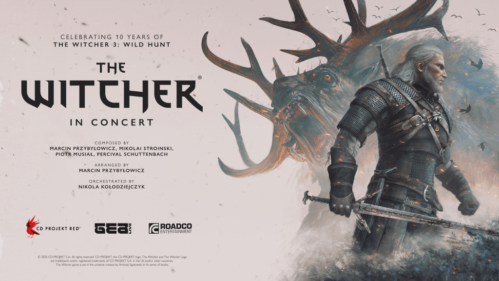 Official The Witcher in Concert artwork featuring Geralt before an orchestra