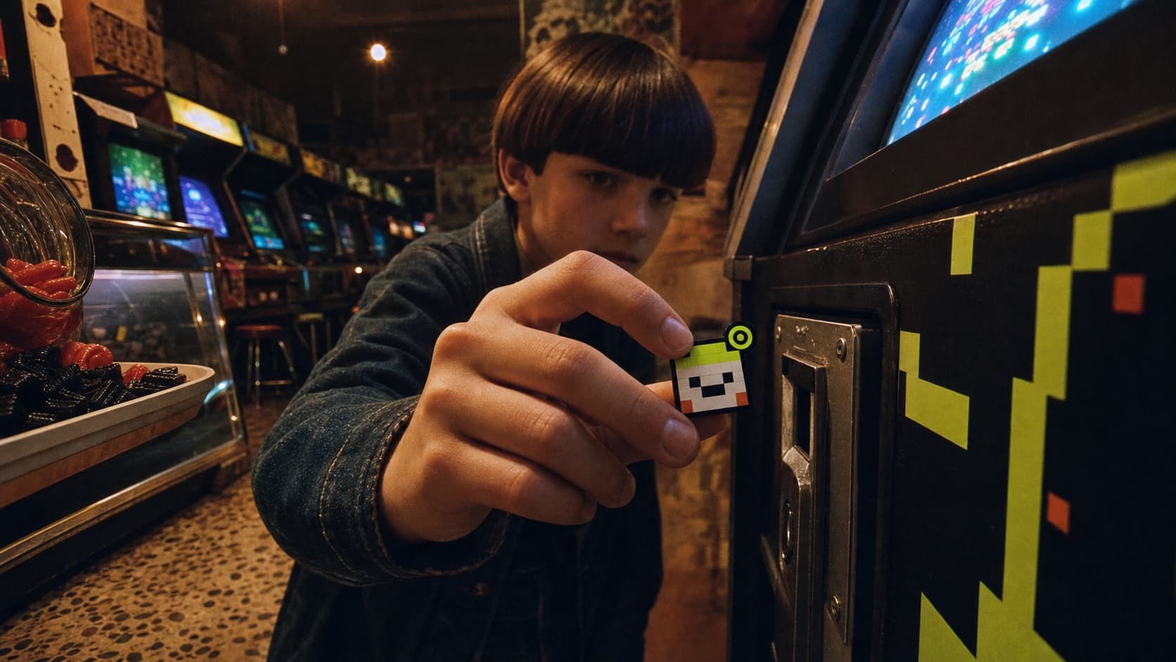 A child inserts PESETO into an arcade cabinet in Zaragoza in 1992