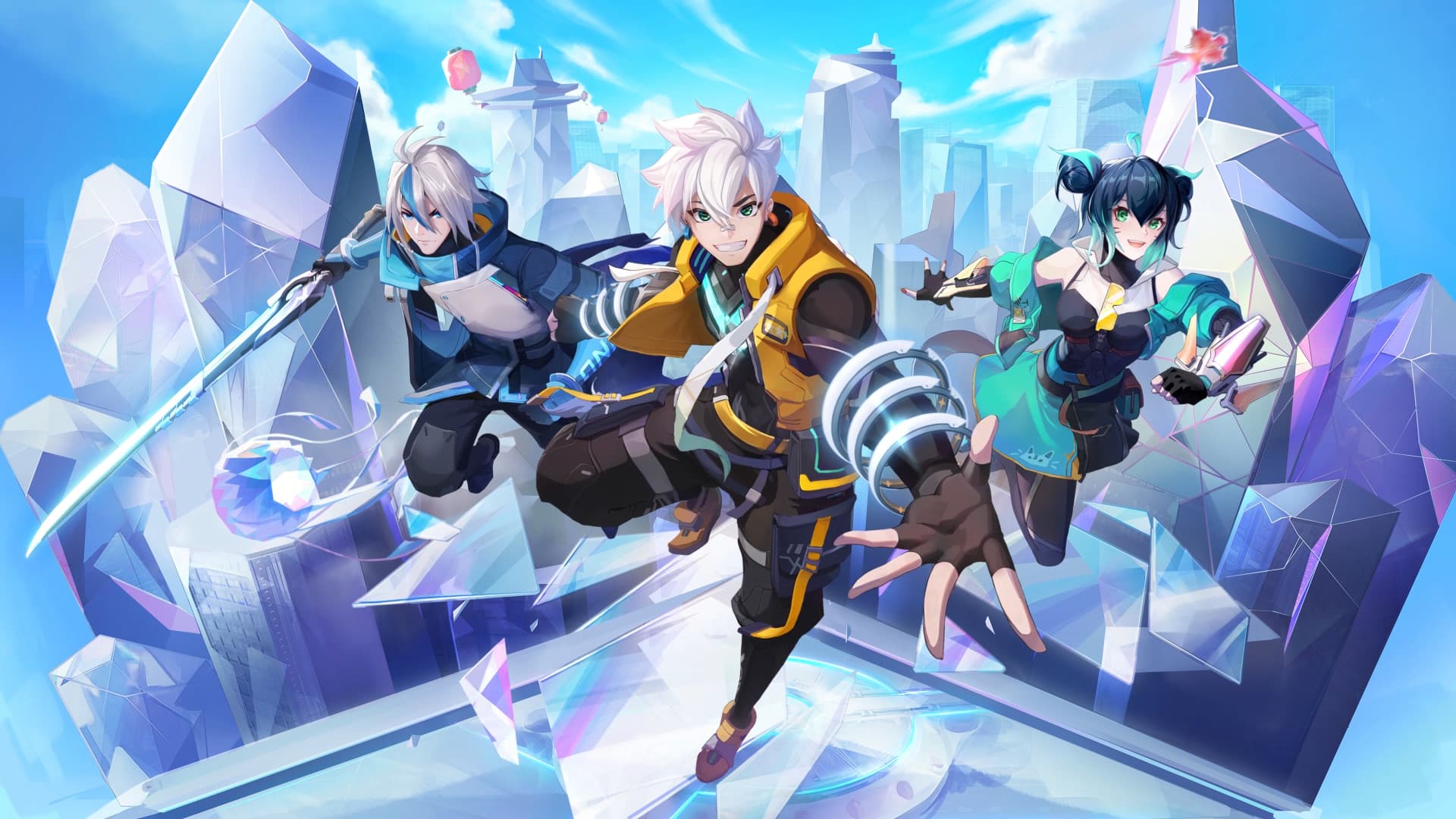 Tres héroes de Mobile Legends: Bang Bang saltan hacia el jugador en una ilustración oficial