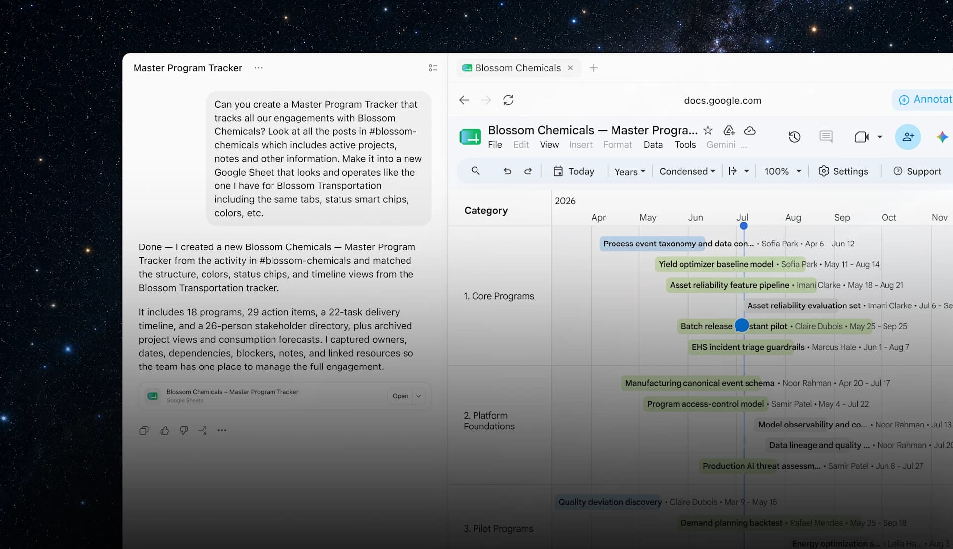 ChatGPT Work creates a project timeline inside a signed-in Google Sheets account in the built-in browser