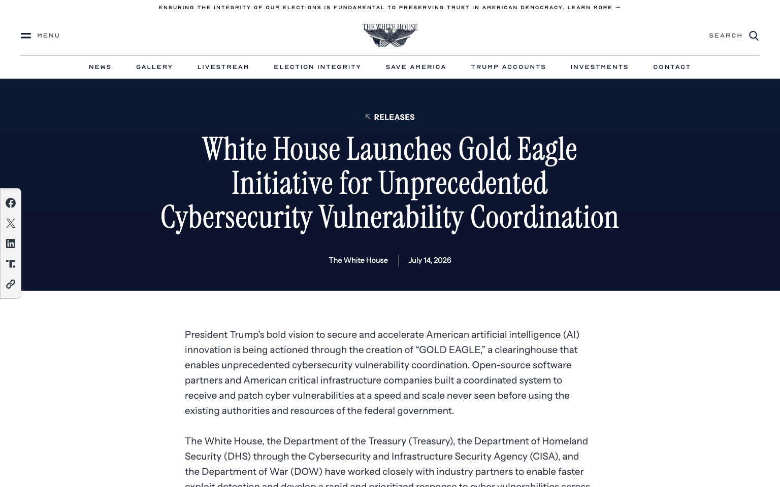Anuncio oficial de Gold Eagle publicado por la Casa Blanca el 14 de julio de 2026