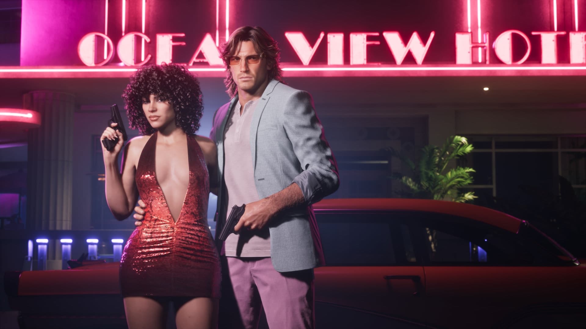 Official GTA 6 Vintage Vice City pack screenshot outside the Ocean View Hotel