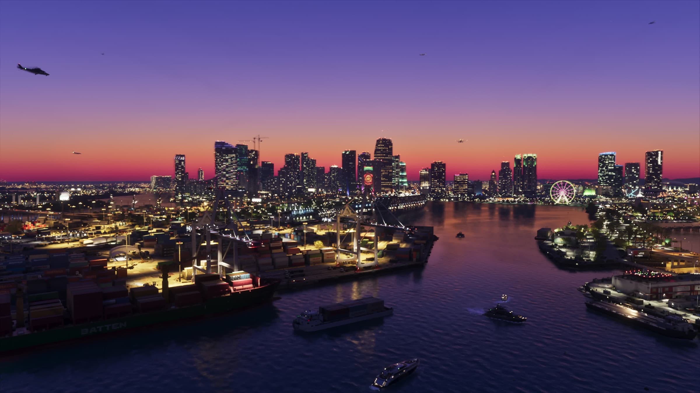 Imagen oficial panorámica del puerto y el perfil urbano de Vice City al anochecer