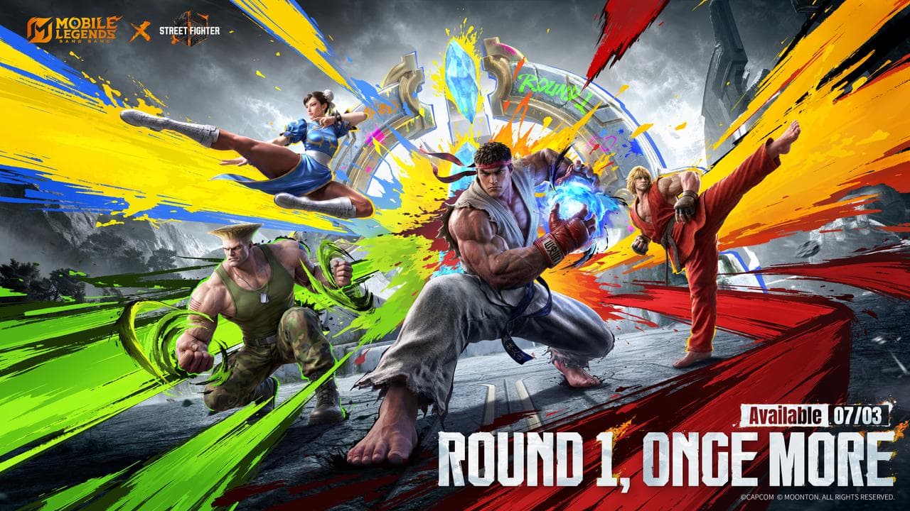Ryu, Ken, Chun-Li y Guile en la colaboración de Mobile Legends con Street Fighter 6