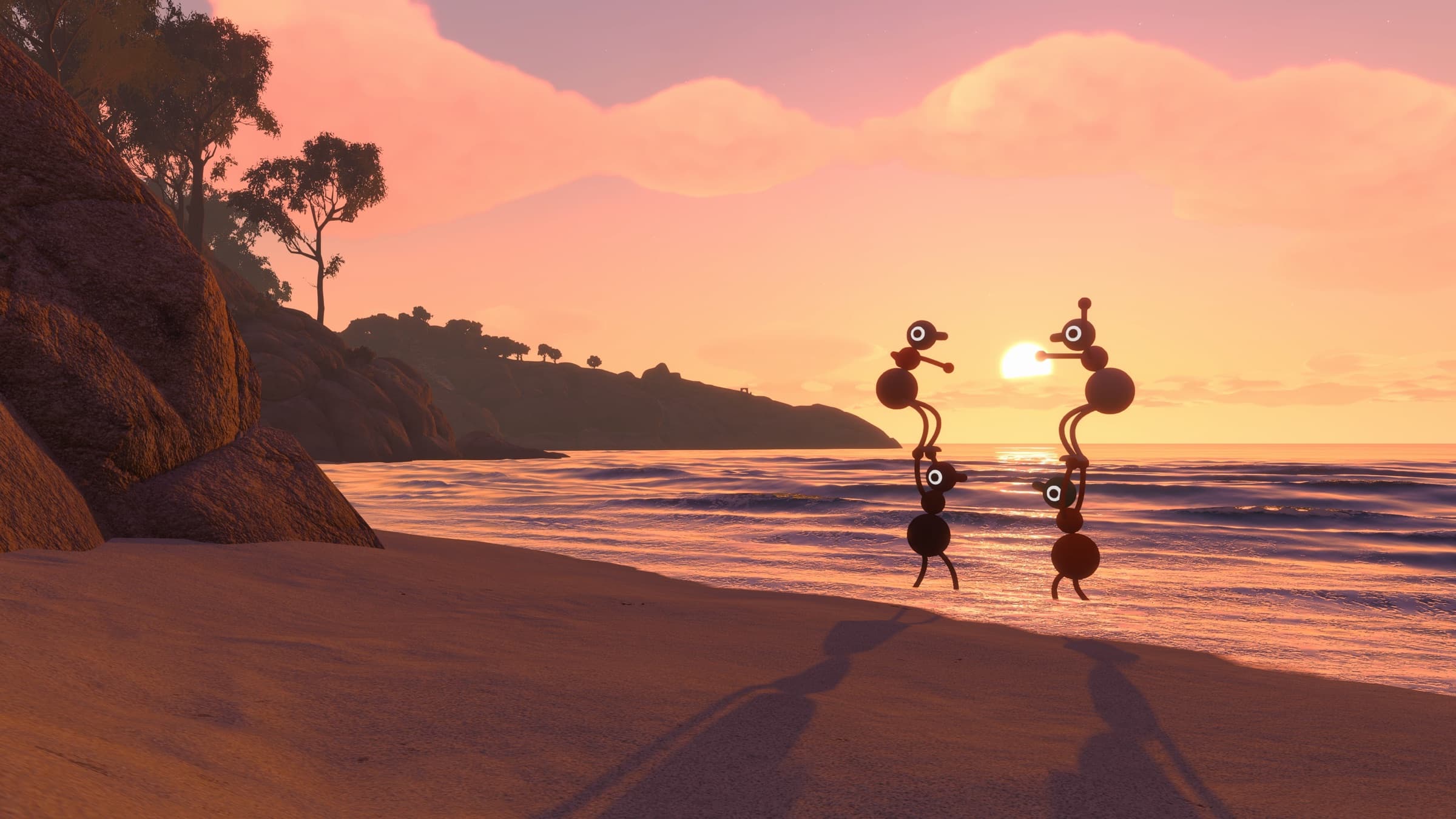Four Big Walk characters form two towers by the sea at sunset