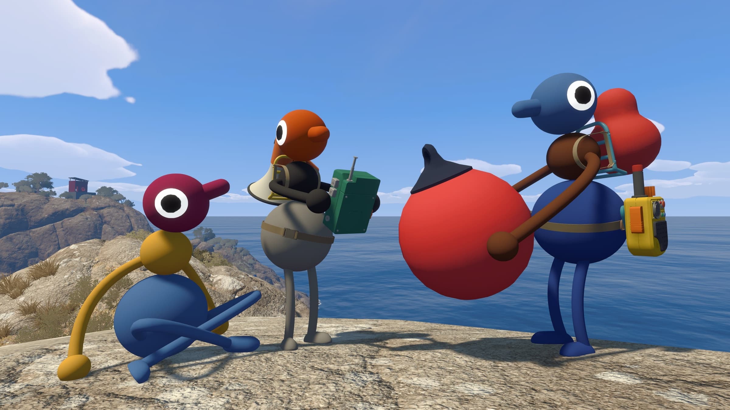 Four Big Walk characters carry tools and an enormous red ball beside the sea