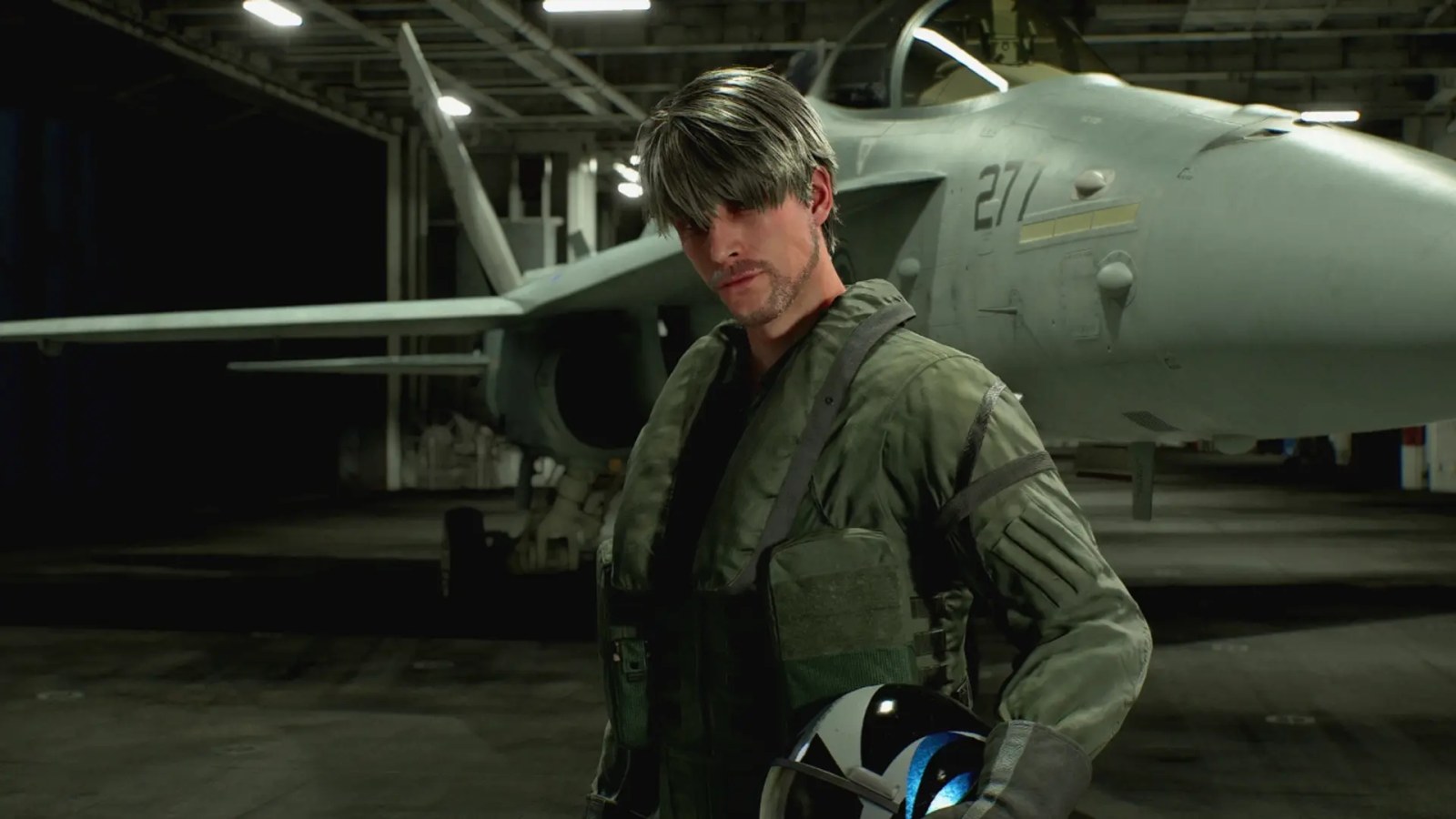 Pilot beside a fighter in the Ace Combat 8 hangar