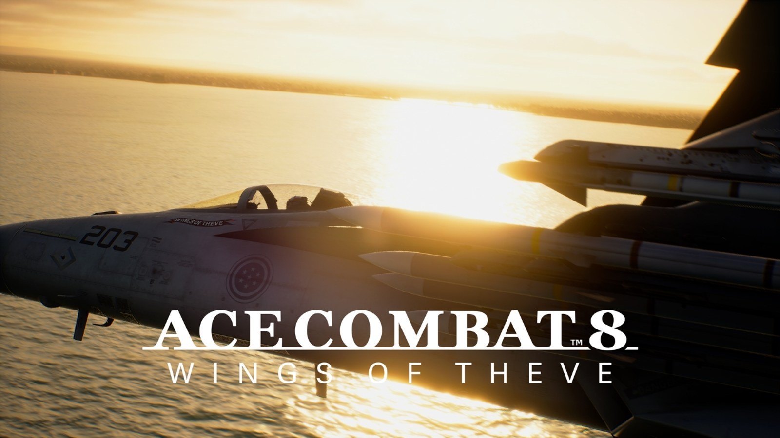 An Ace Combat 8 aircraft on a deck at sunset
