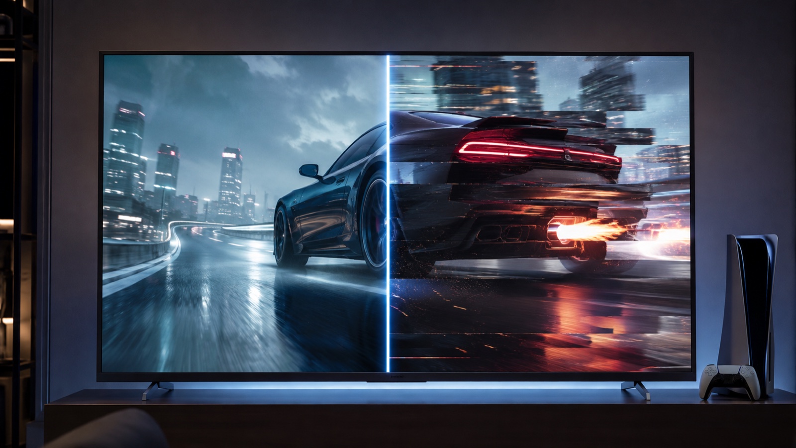Conceptual TV comparison between less fluid motion and a smoother sense of speed