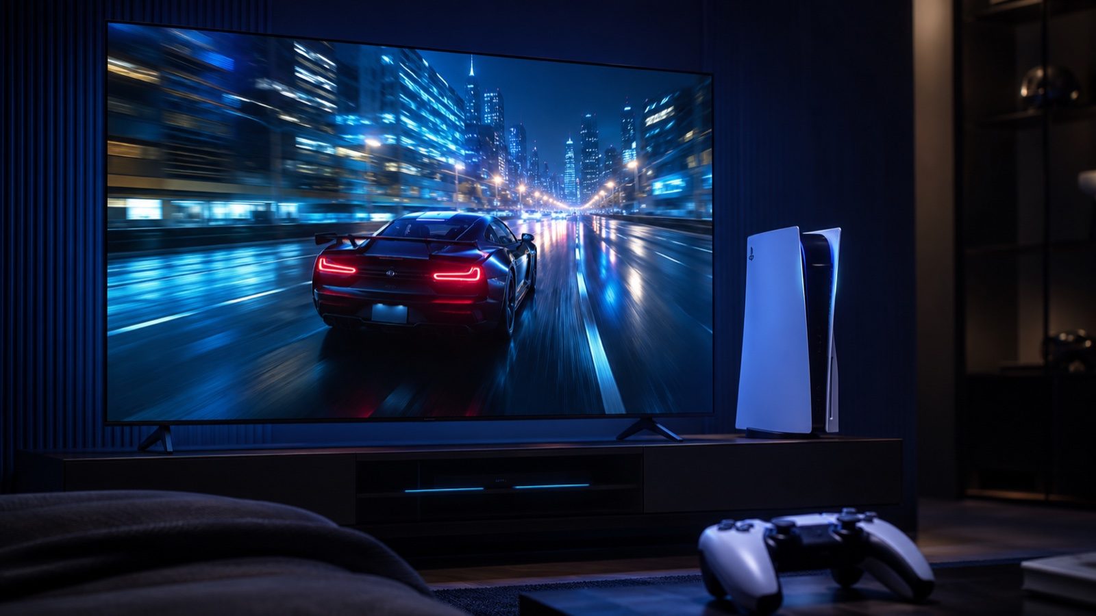 A PS5 connected to a TV displaying a high-speed racing game