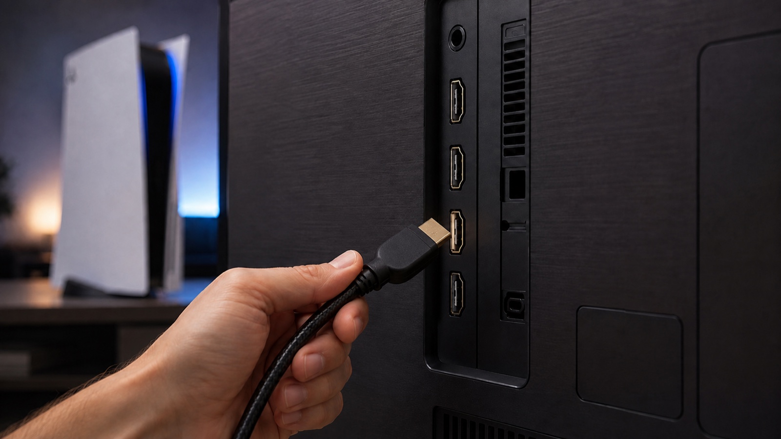 A person plugs an HDMI cable into the back of a TV with a PS5 in the background