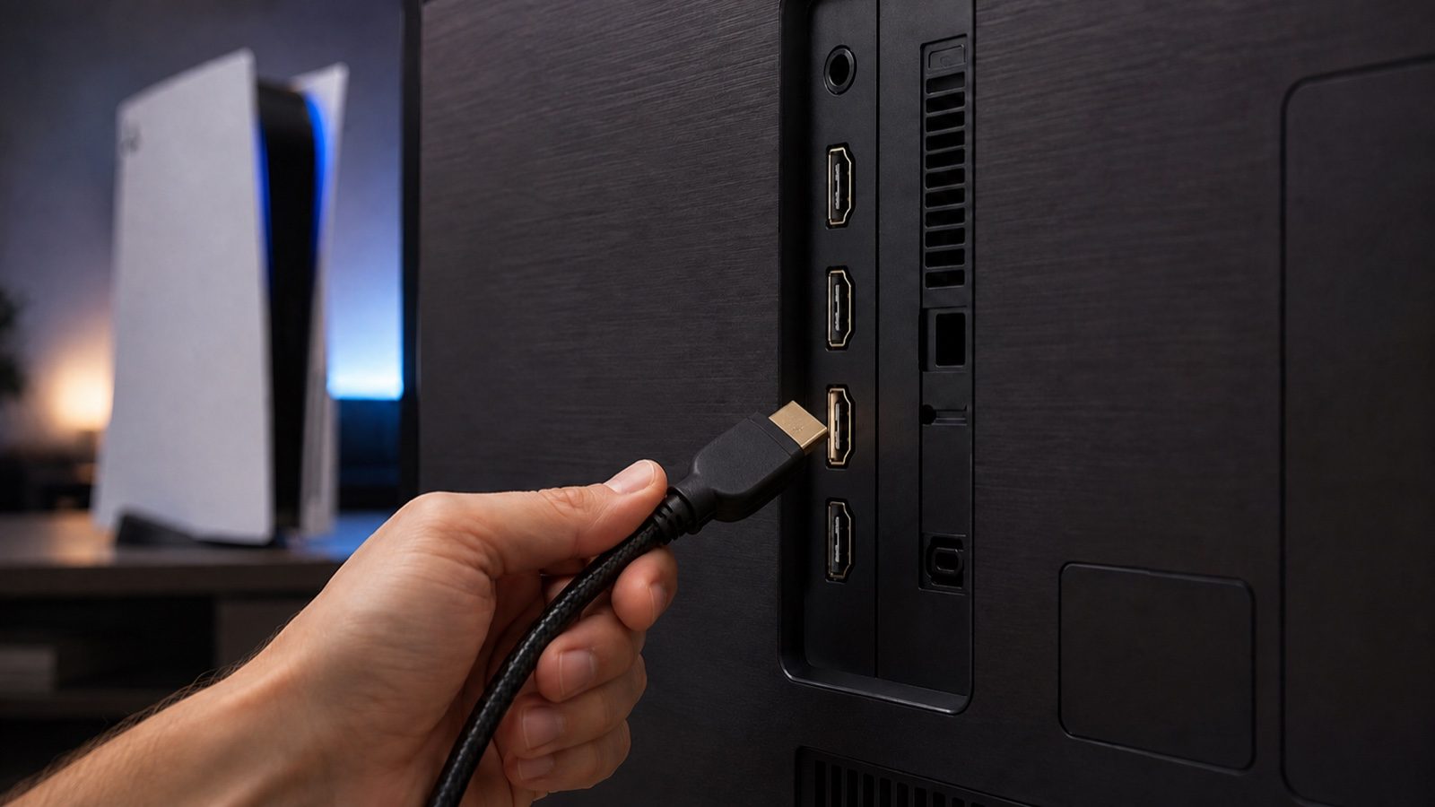 A person plugs an HDMI cable into the back of a TV with a PS5 in the background