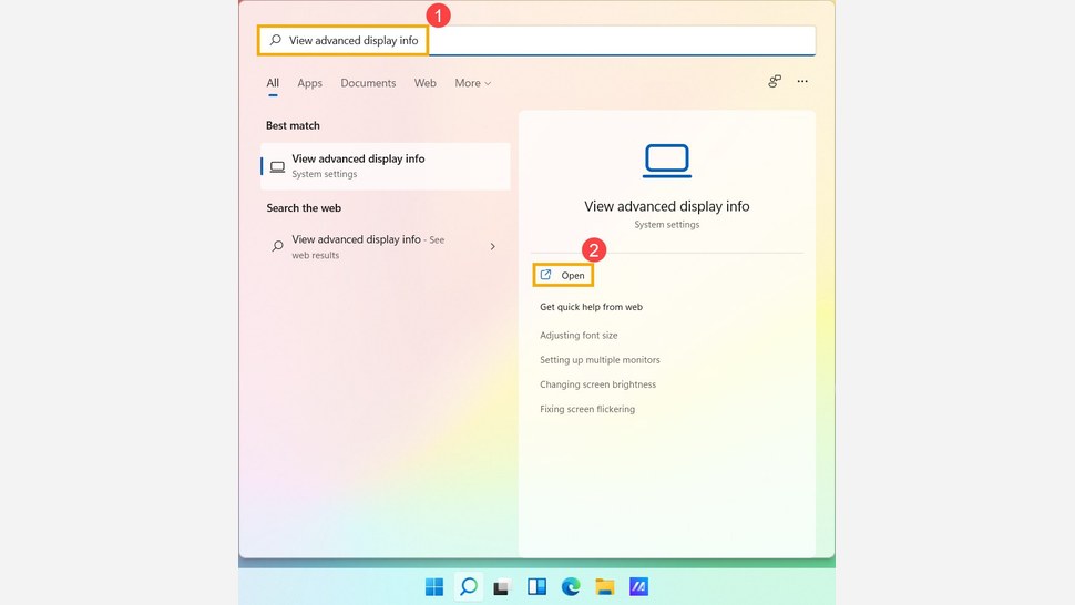 Windows 11 search showing the option to open advanced display information