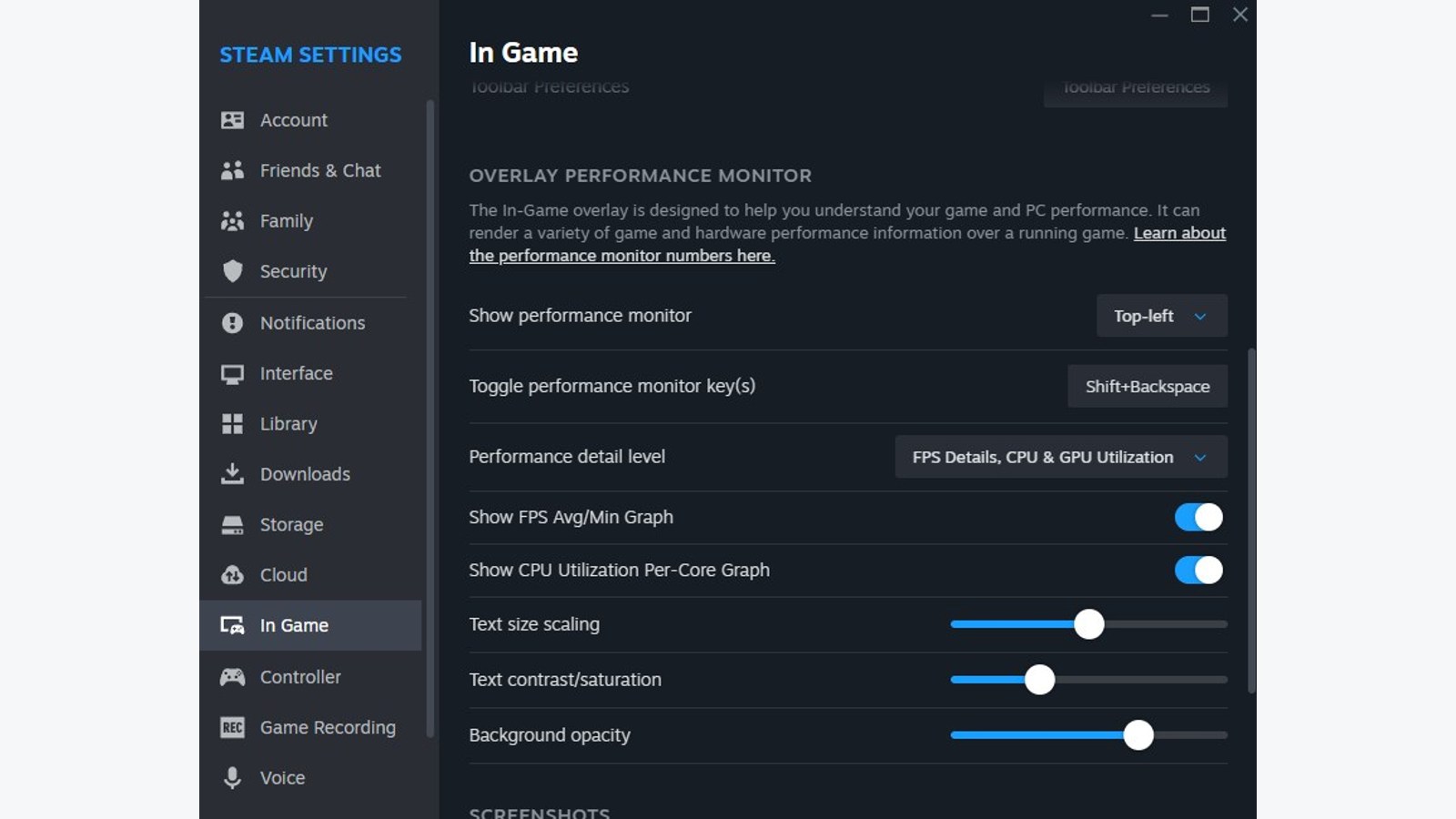 Steam performance-monitor settings panel in an official screenshot