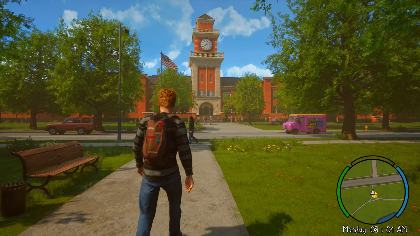 Official Agefield High: Rock the School screenshot showing Sam outside the school and its clock tower