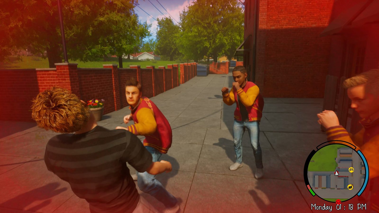 Official Agefield High: Rock the School screenshot showing Sam surrounded by three students in a fight