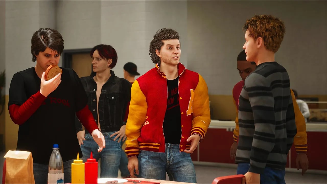 Sam and several students talk inside the cafeteria in Agefield High: Rock the School