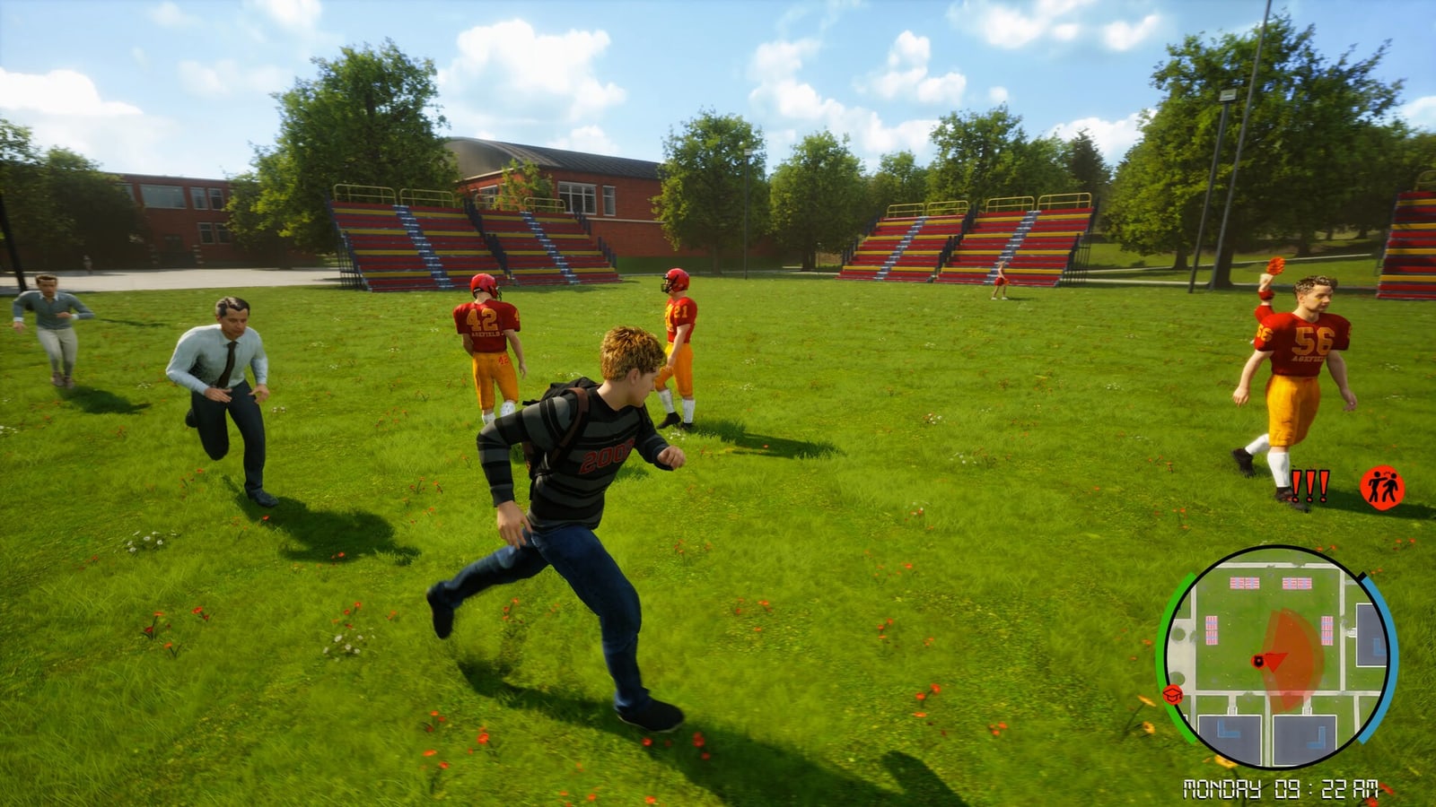 Sam runs from an adult among football players in Agefield High: Rock the School