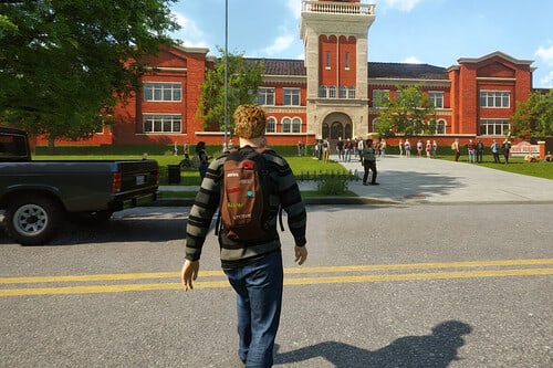 Sam crosses the street outside the school in Agefield High: Rock the School