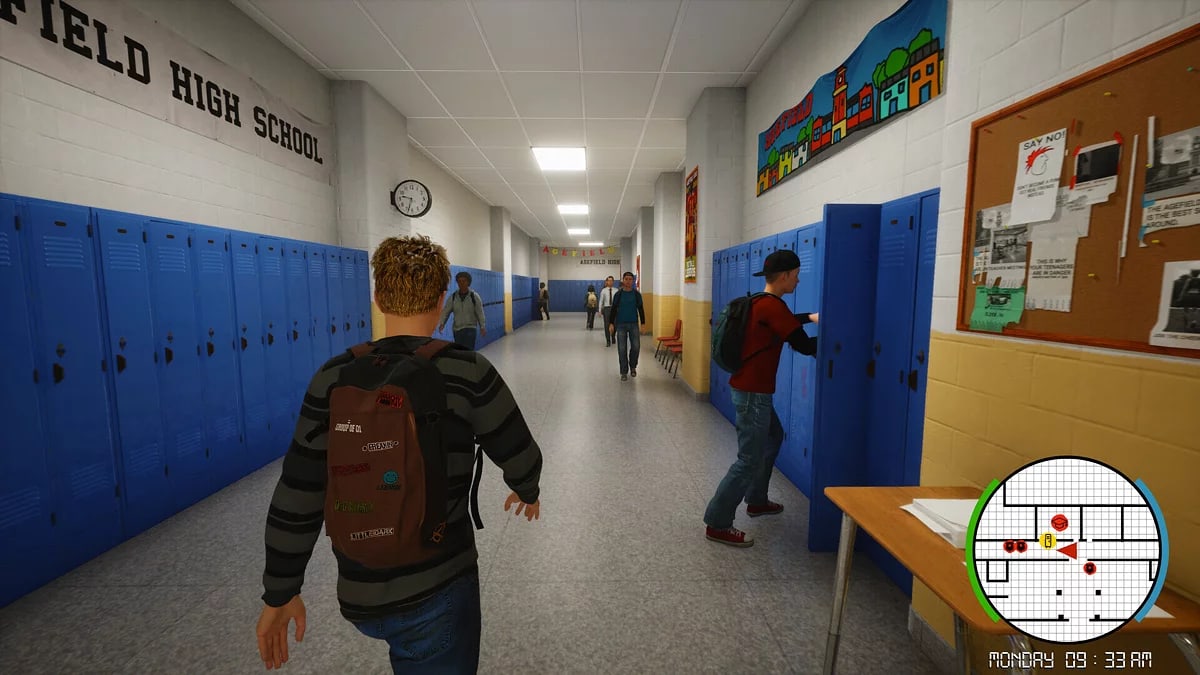 Sam walks through a hallway lined with blue lockers in Agefield High: Rock the School
