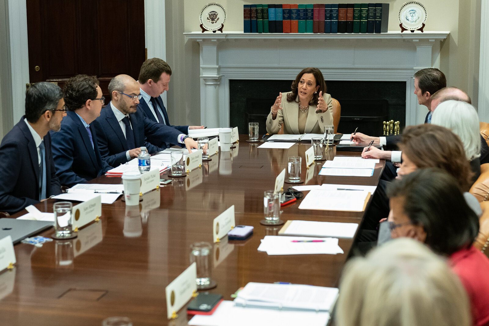 Sam Altman, Dario Amodei, Satya Nadella and Sundar Pichai during an artificial intelligence meeting at the White House