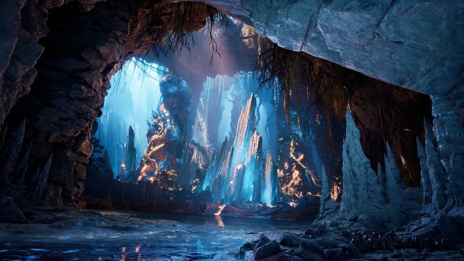 Una caverna de AION 2 iluminada con reflejos azules