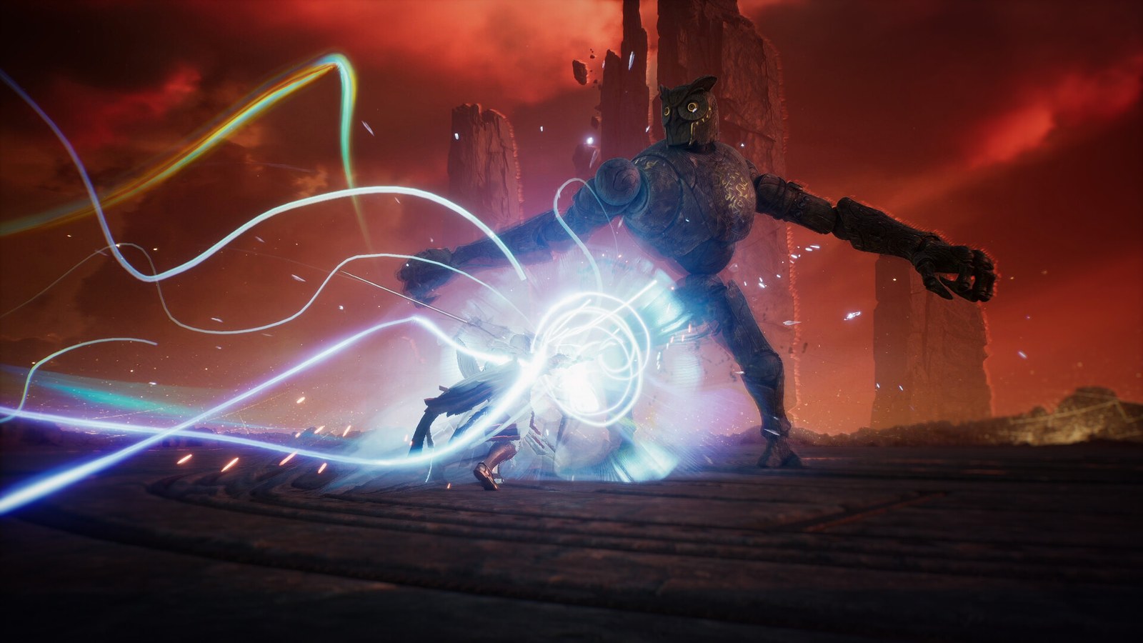 Un personaje de AION 2 combate con magia ante un cielo rojizo