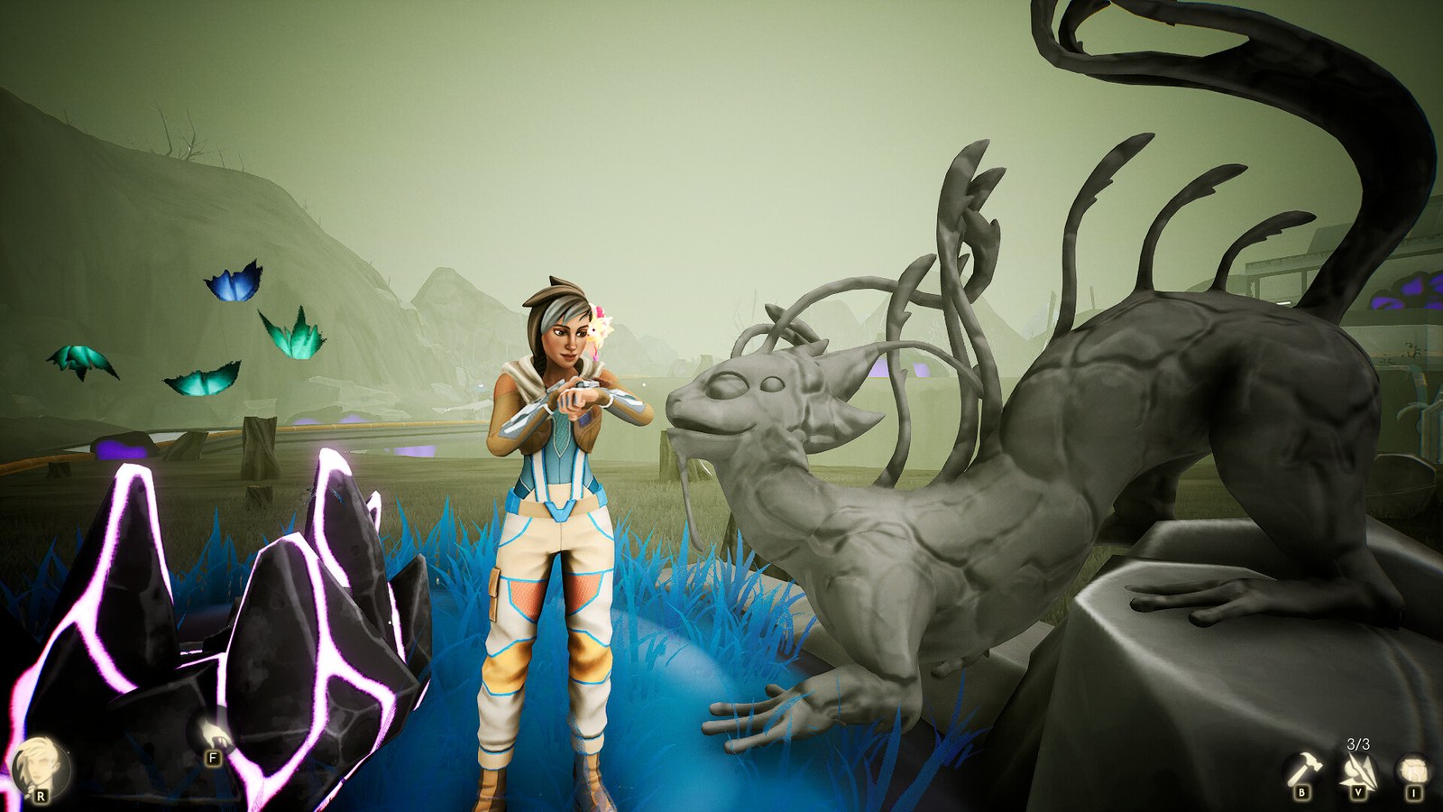 Alex stands next to a gray stone creature and dark crystals in a meadow of blue grass