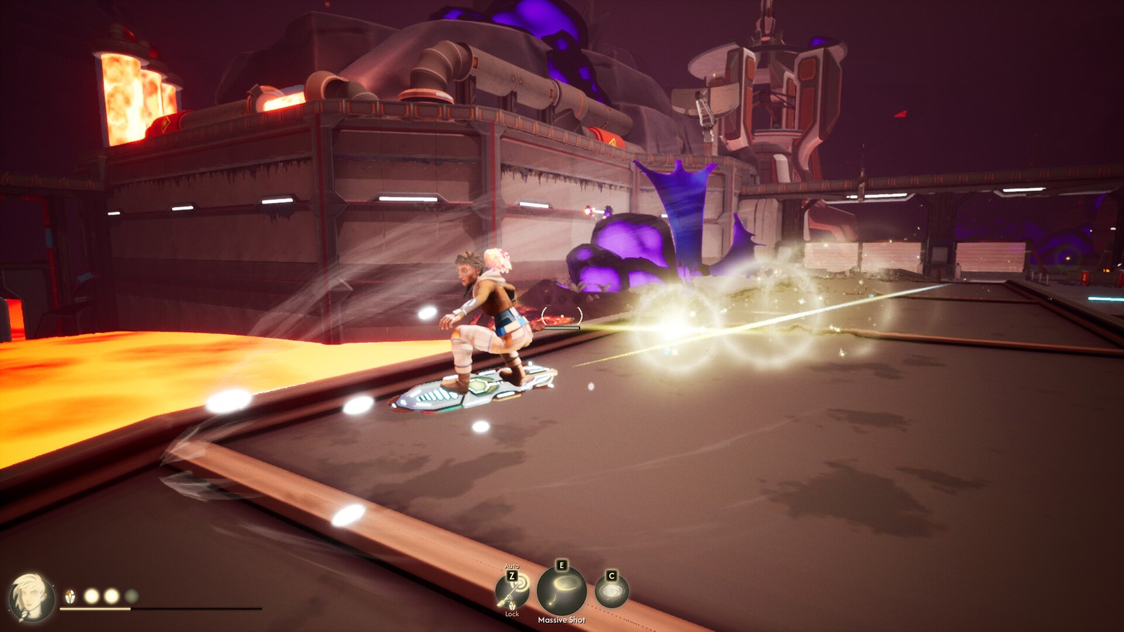 Alex fires a beam of light beside a lava river, in front of an abandoned factory
