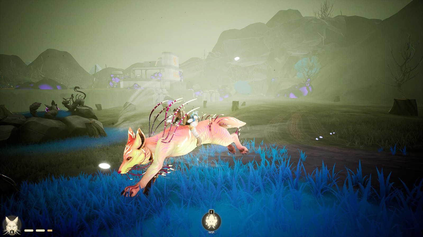 A large pink feline creature runs through a field of blue grass with Alex on its back
