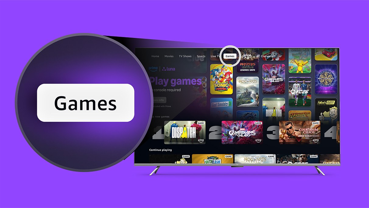 Magnifier enlarging the Games tab in the Prime Video menu on a TV