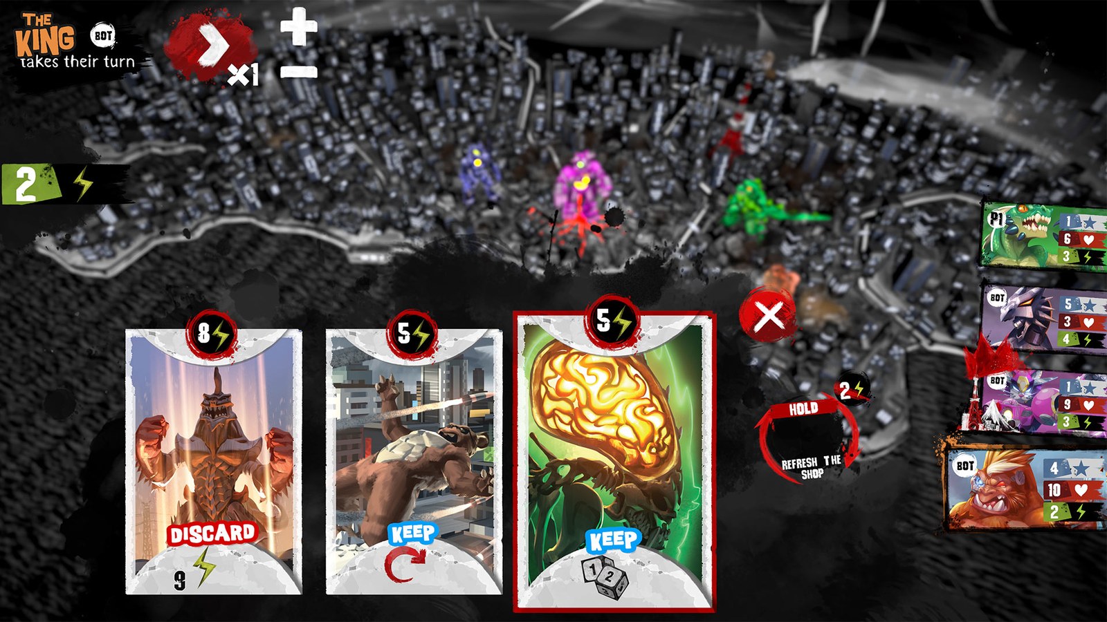 King of Tokyo match on Luna with power cards laid over an overhead view of a city