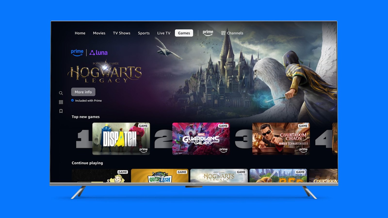 TV on a blue background showing the Prime Video Games tab with Hogwarts Legacy featured