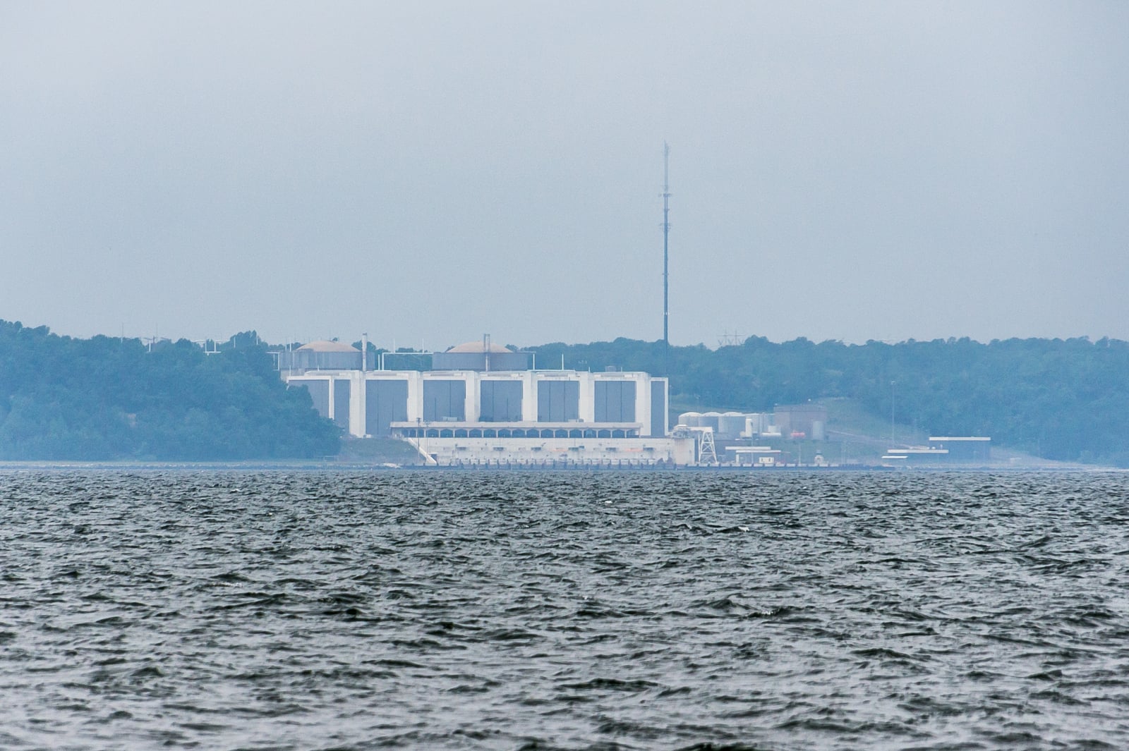 Calvert Cliffs seen from Chesapeake Bay in 2012, with both reactor buildings visible