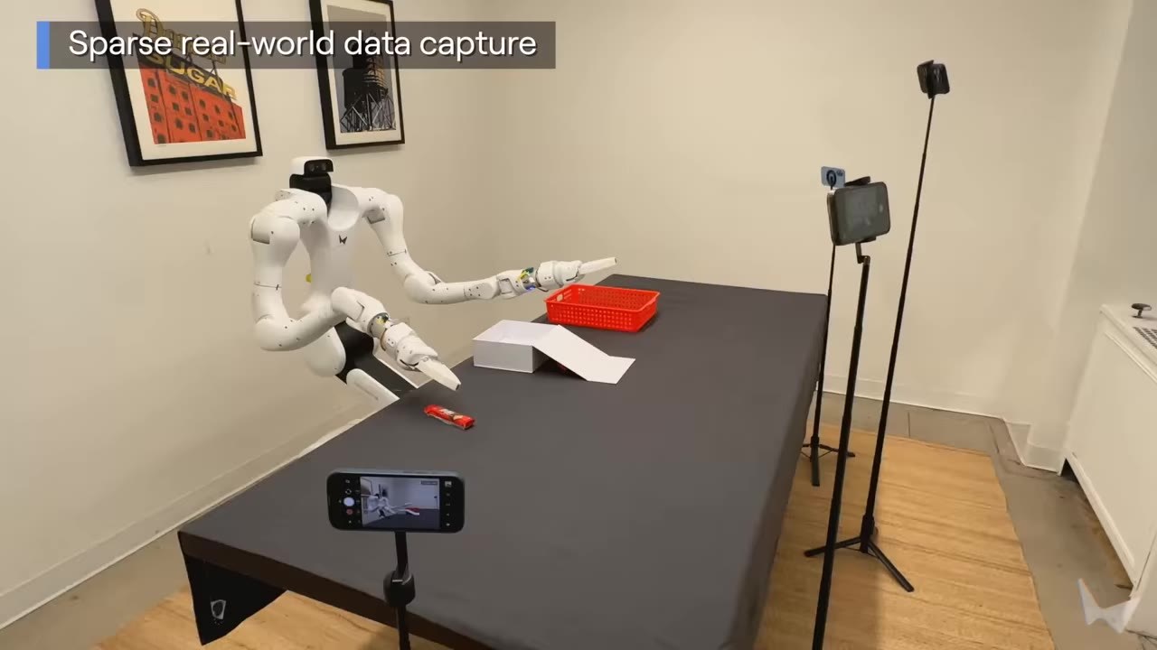 World Labs demonstration showing a robotic arm and cameras around a table