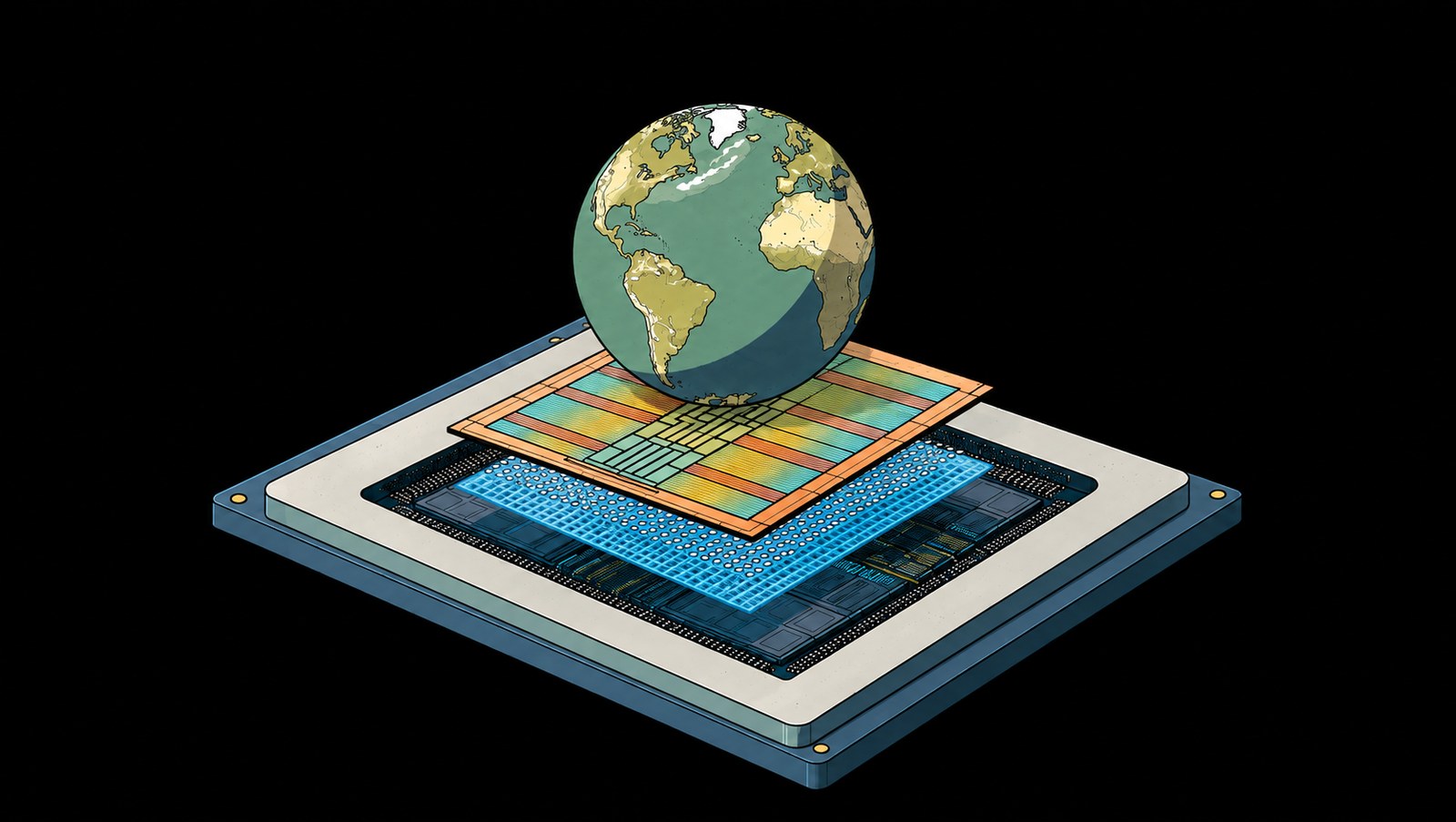 World Labs illustration of a globe above the layers of a computer chip