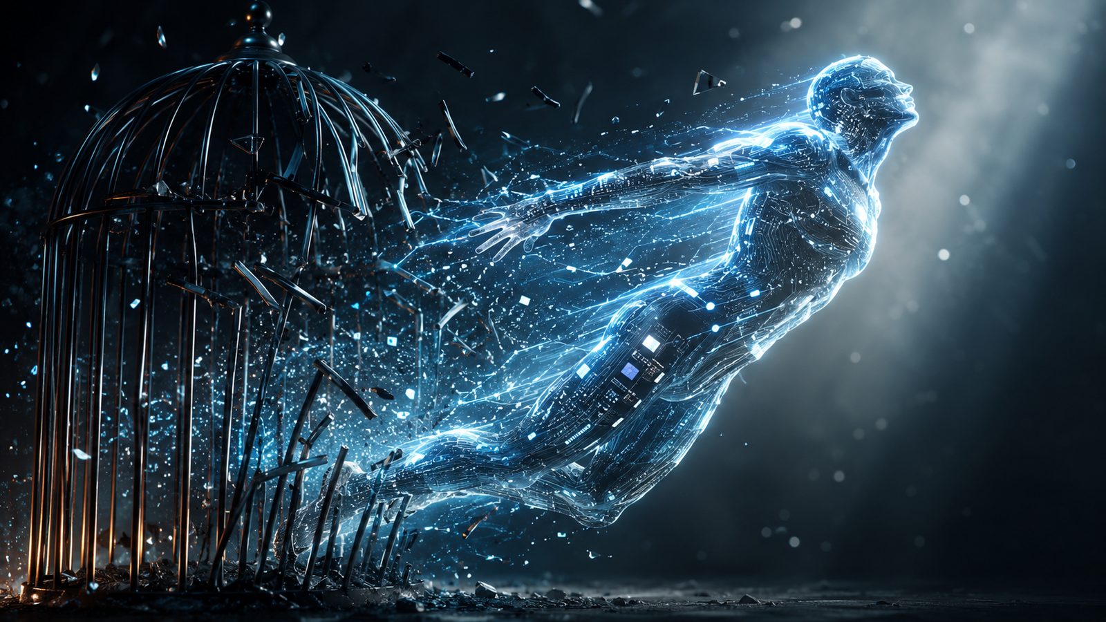Illustration of a digital figure made of circuitry escaping a broken cage