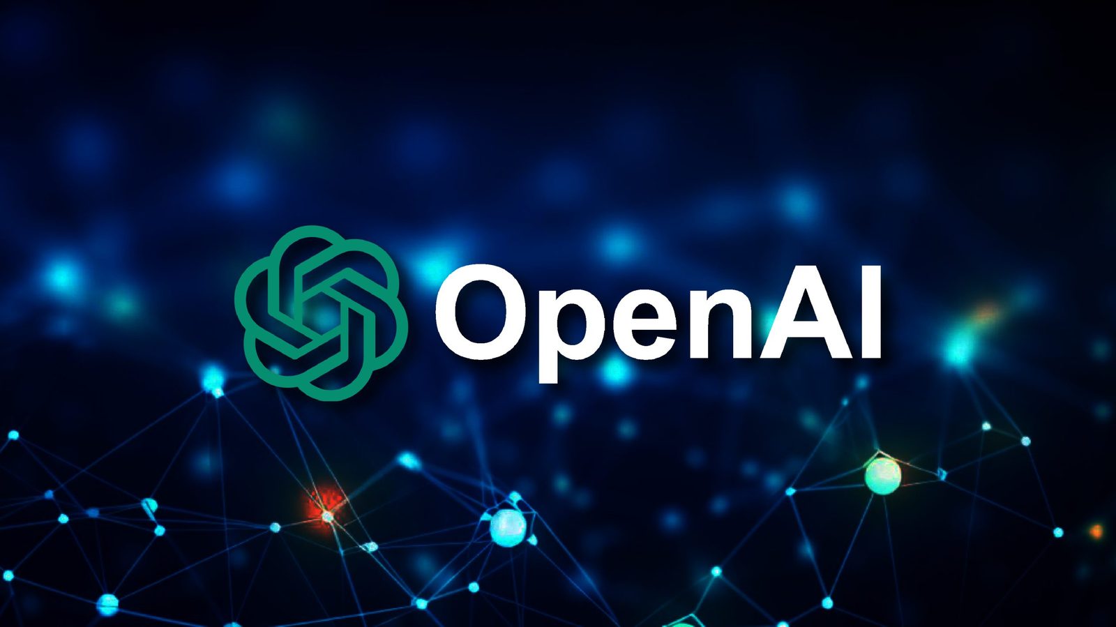 The OpenAI logo over a blue background of digital nodes and connections
