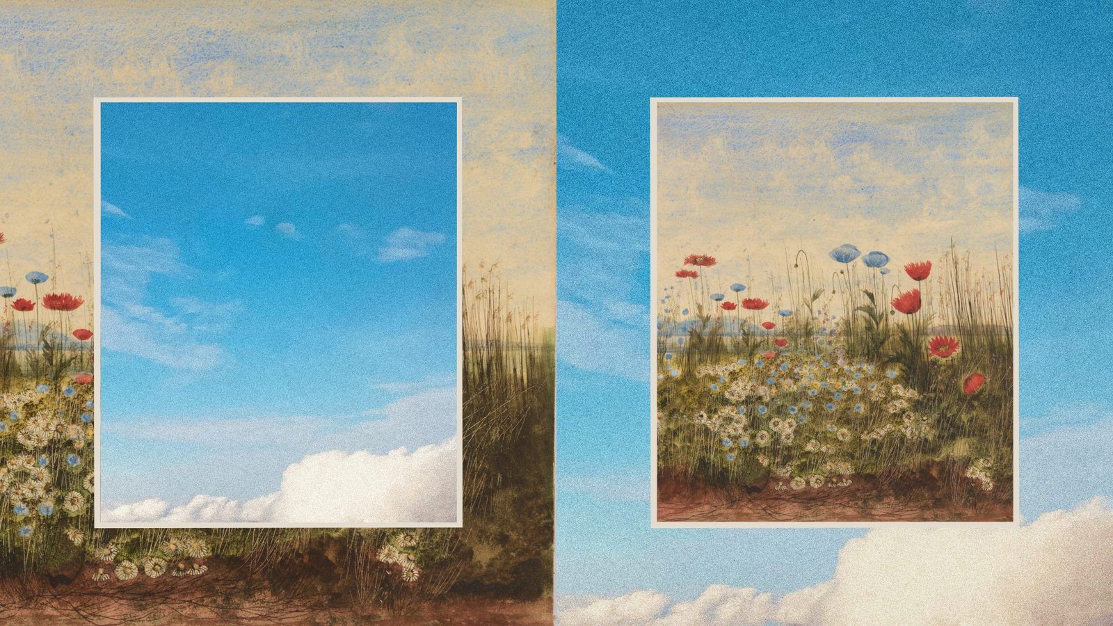 Ilustración oficial del anuncio del fondo de Anthropic: dos marcos pintados con un cielo azul y un prado de flores silvestres