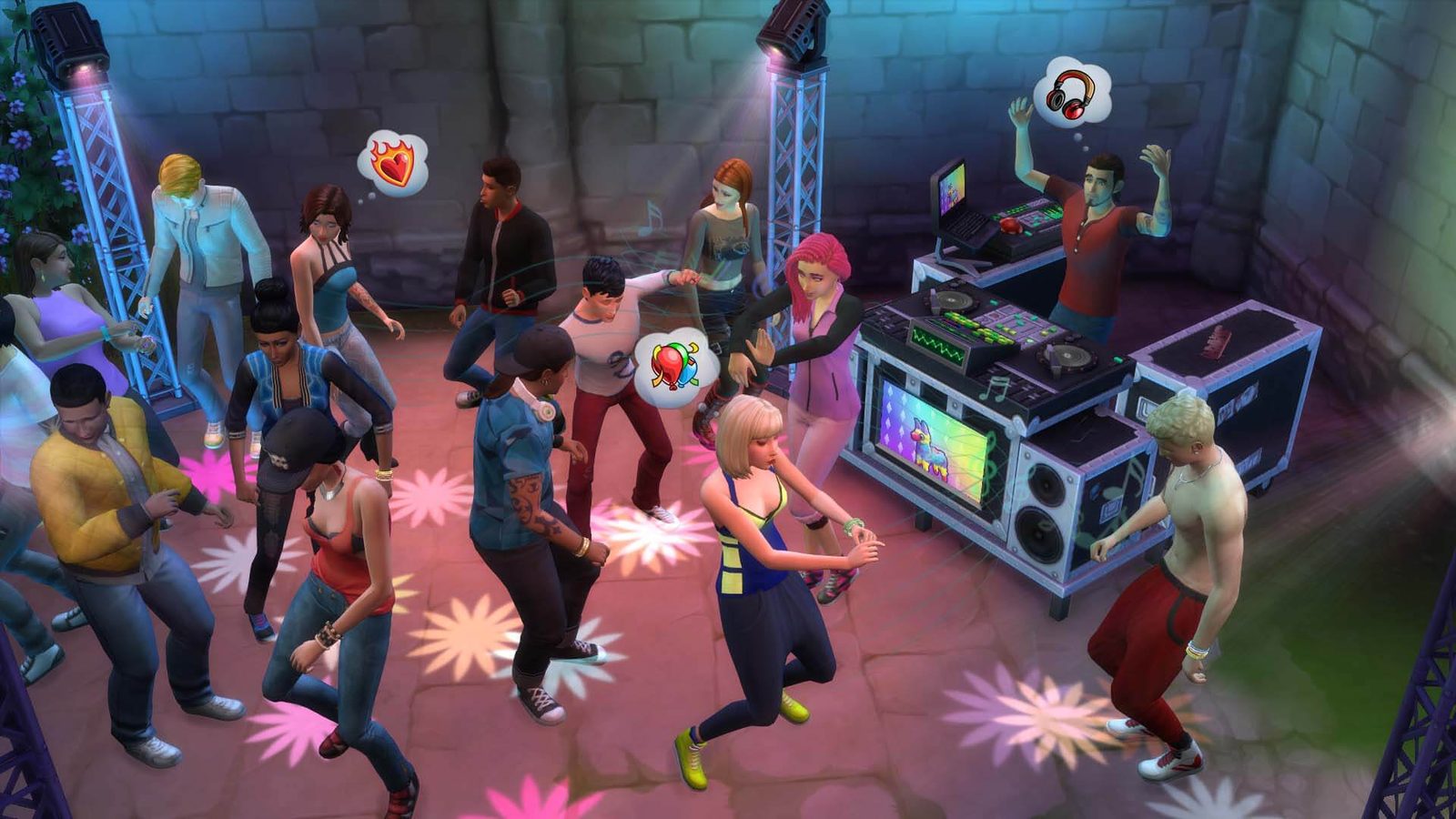 Una fiesta de Los Sims 4 con varios sims bailando delante de la mesa del DJ