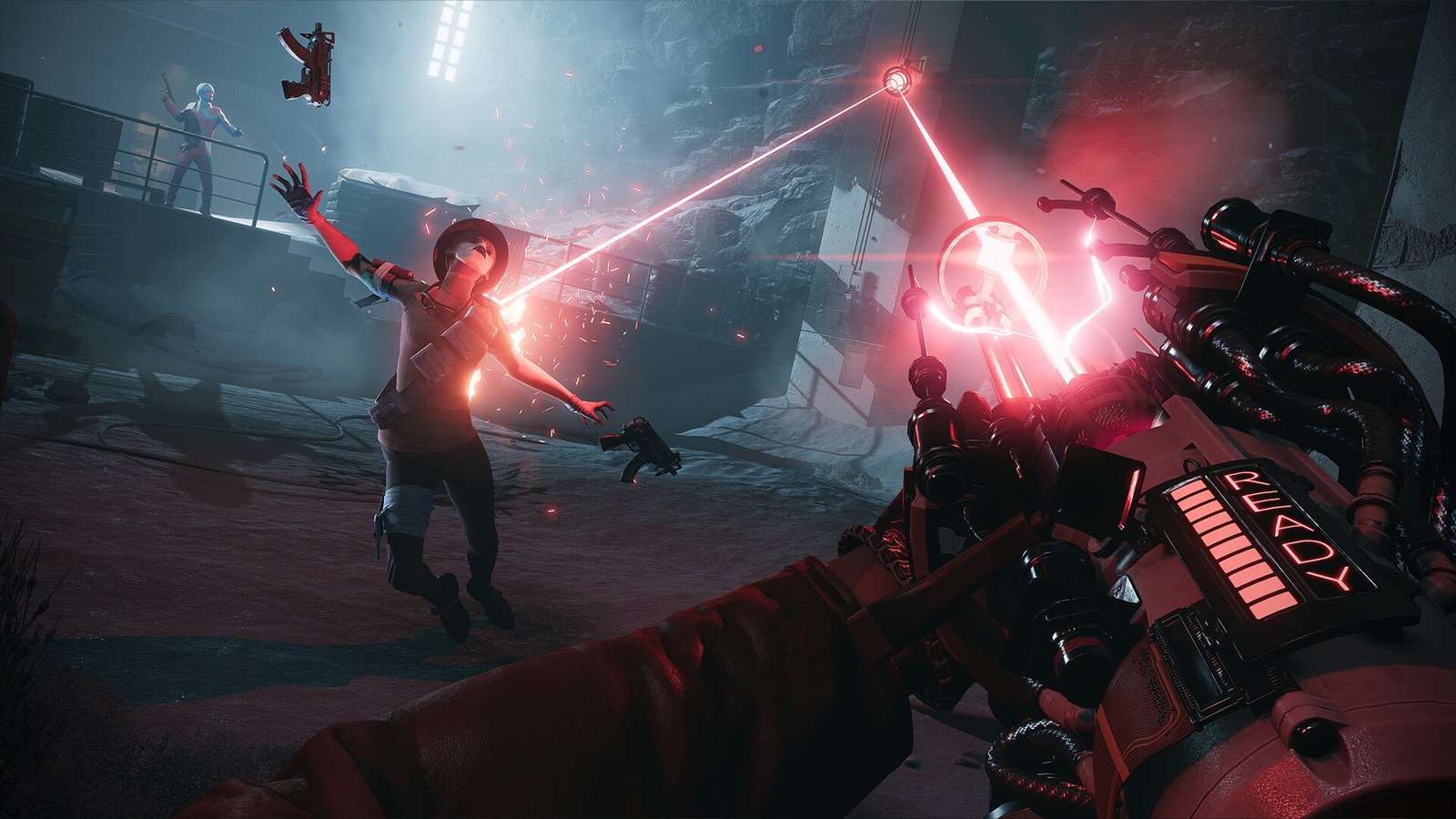 Julianna leaps through red laser beams as the player aims a gun at her during a fight in Deathloop