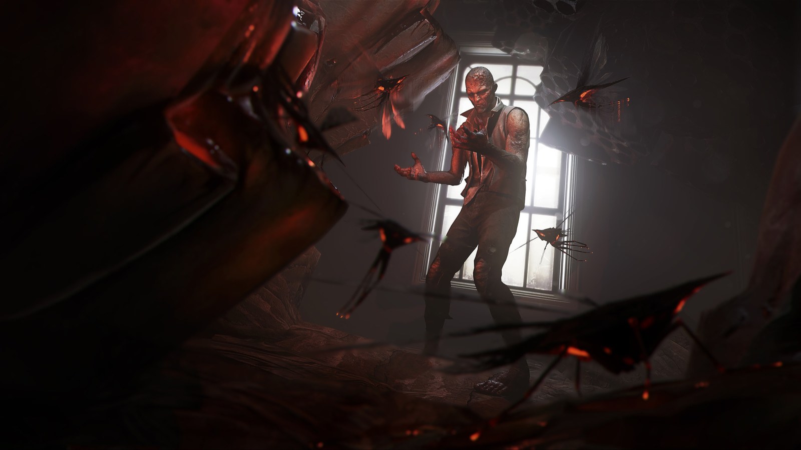 A man shields himself from bloodflies in a dim room lit by a single window in Dishonored 2