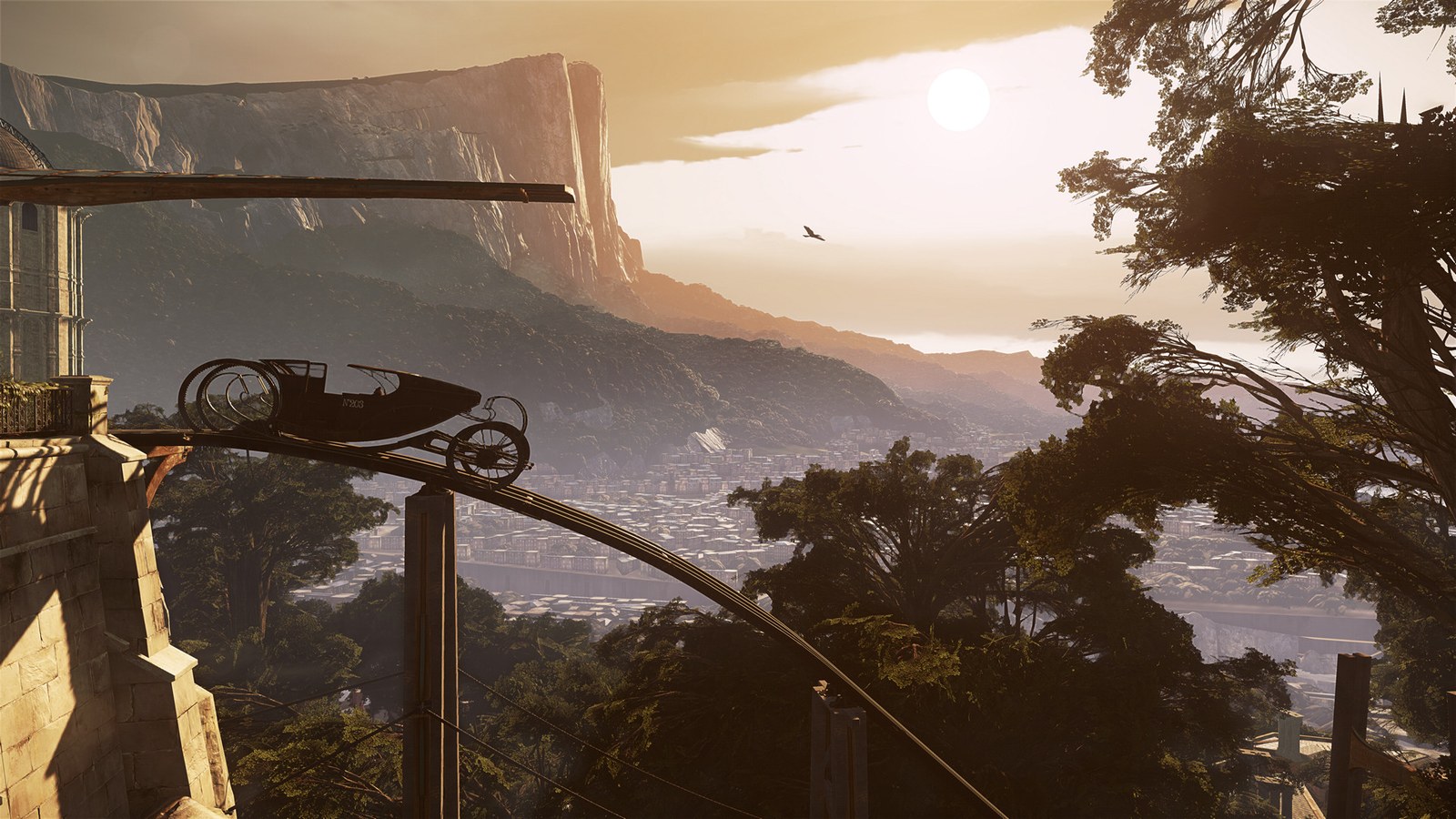 A mechanical carriage runs along an elevated rail above the coastal city of Karnaca, with cliffs and the sun behind, in Dishonored 2