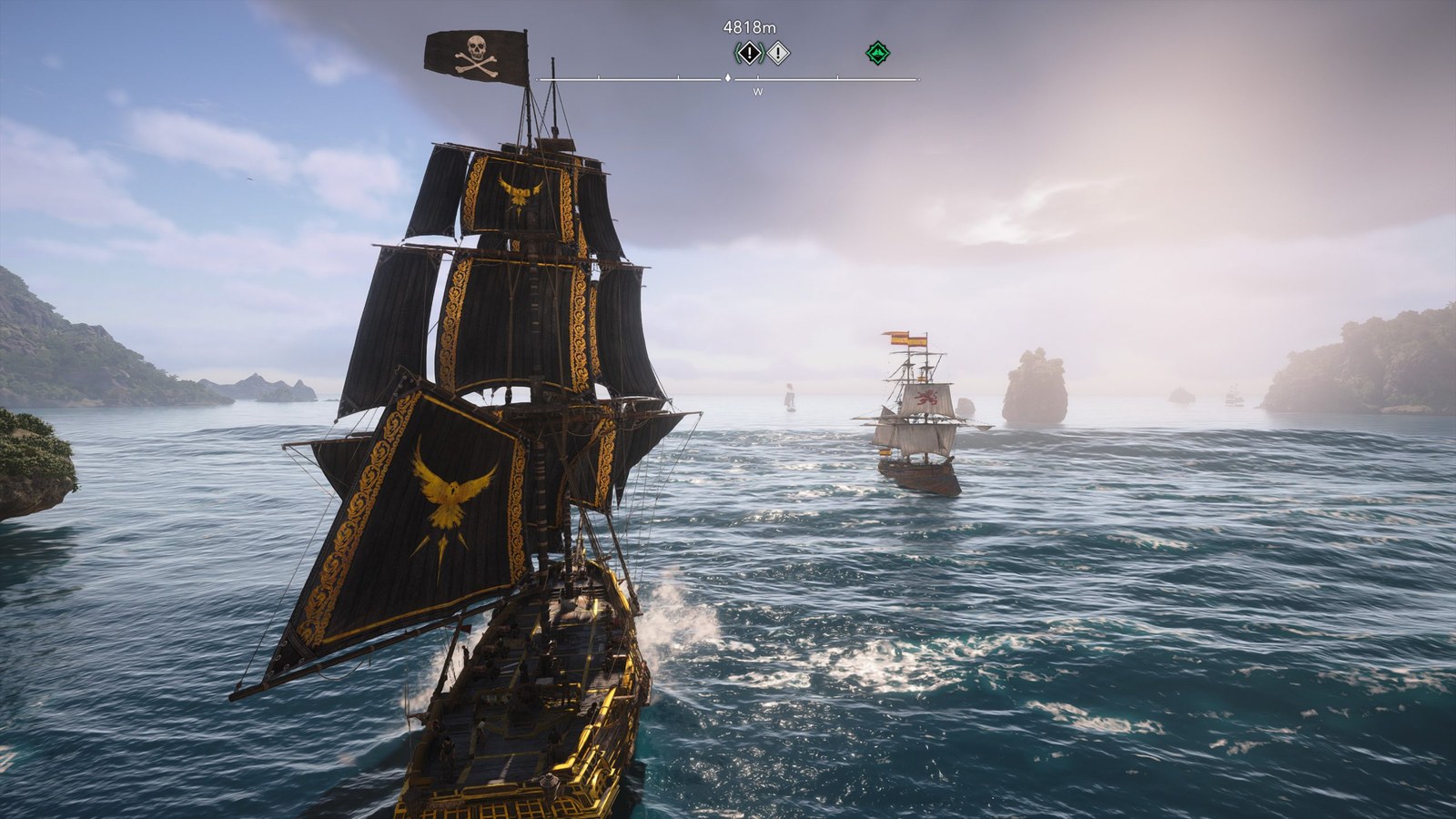 The Jackdaw sails under black sails towards a ship flying the Spanish flag